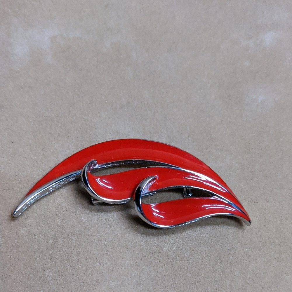Vintage Red Enamel Flourish Brooch
